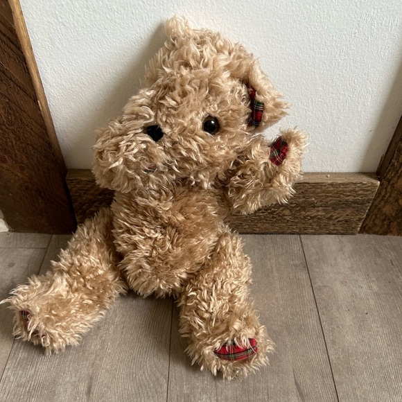 Vintage Shaggy Jointed Brown & Plaid Kiss Blowing Teddy Bear Plush THE CUTEST - Picture 2 of 15